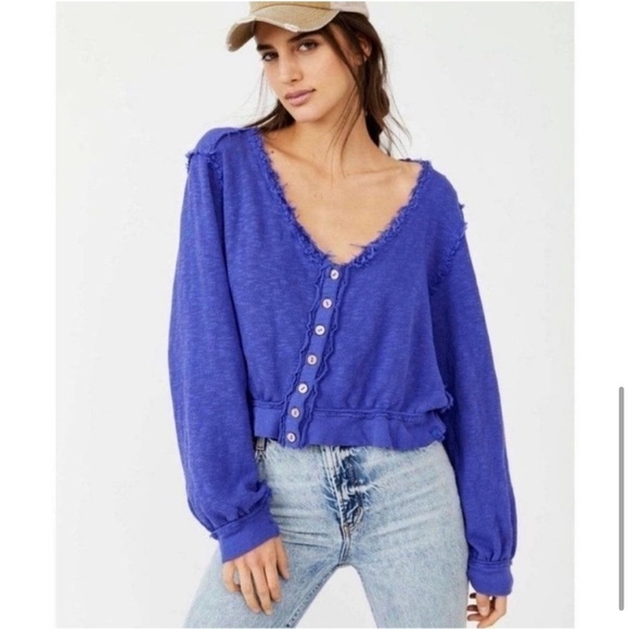 We the Free Golden Road Cardigan Cropped Asymetrical Cotton Boho Royal Blue S - Picture 1 of 13